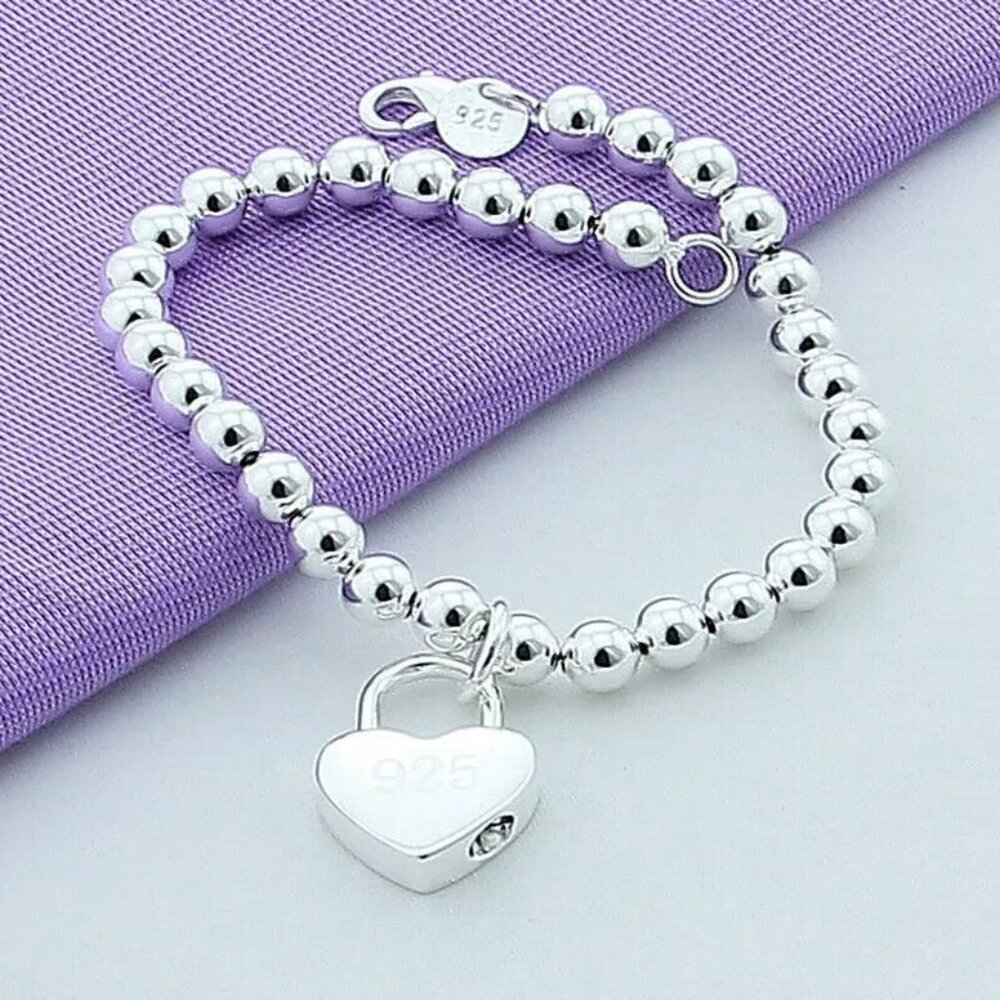 925 Sterling Silver Heart Lock Bead Bracelet 7'' long lobster closure